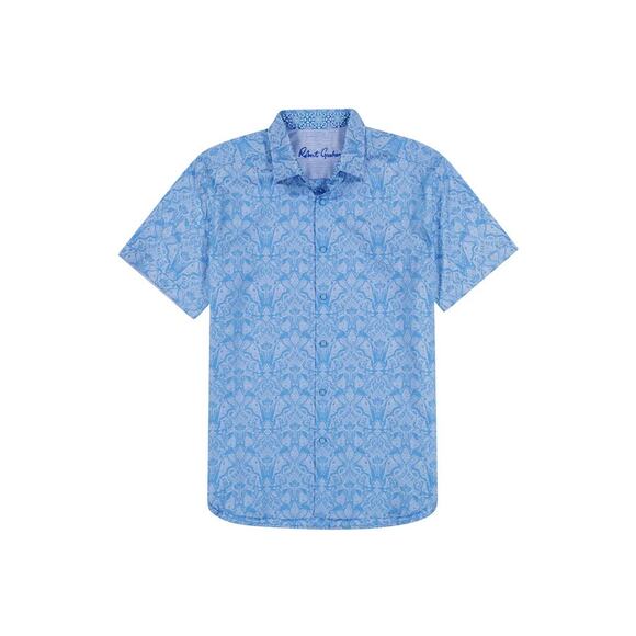 Robert Graham Highland Jacquard Light Blue Short Sleeve Button-Up Shirt Large - Picture 1 of 8